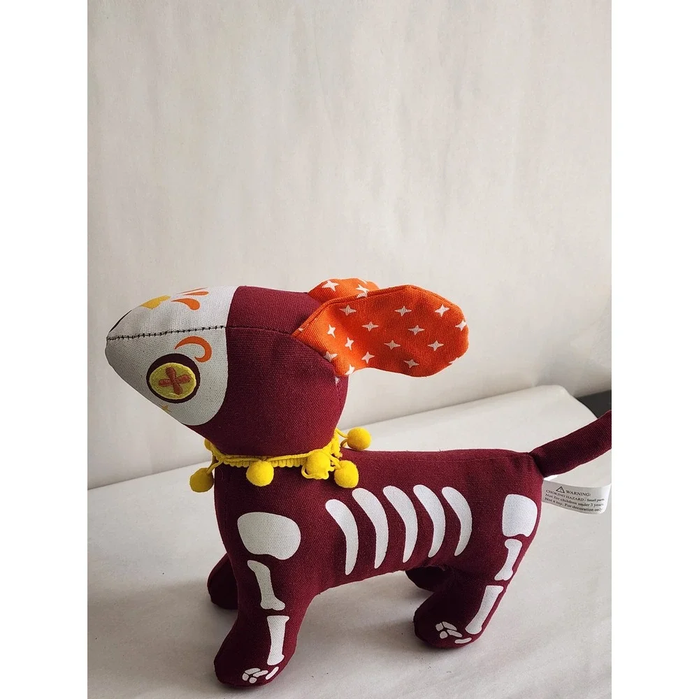 Day of the Dead Skeleton Dog Plush Sugar Skull Halloween Decor Burgundy Orange